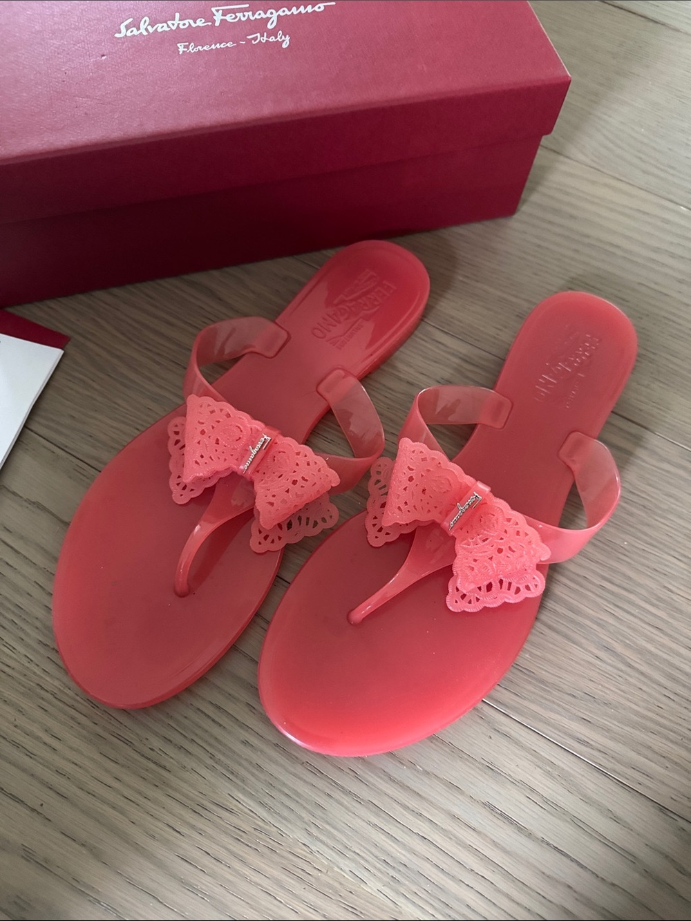 Salvatore Ferragamo Coral Pink Jelly Bow Flip Flops